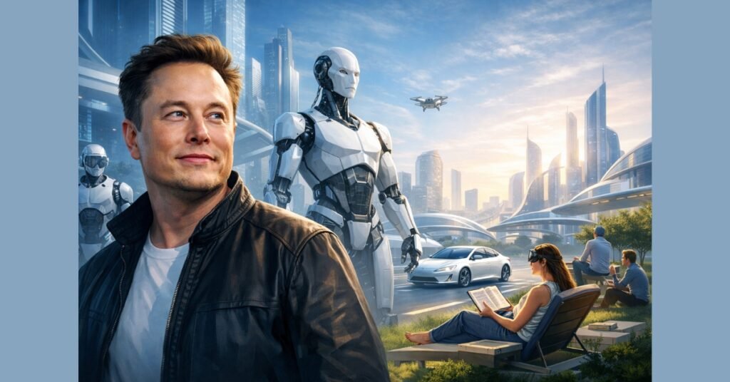 Elon Musk discussing a future where AI and automation make work optional for humans